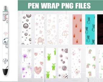 Könnte beinhalten: Ein Set mit 12 digitalen Stift-Wickeldesigns mit verschiedenen Mustern, darunter Smiley-Gesichter, Kakteen, Regenschirme, Häuser und mehr. Die Designs sind in Schwarzweiß, Rosa, Grün und Blau.