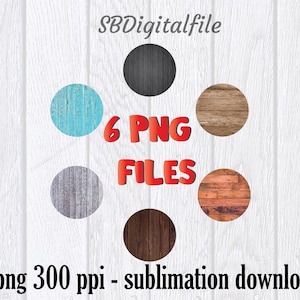 May include: Six different wood grain textures in a circle, with the text "6 PNG FILES" in red. The background is a white wood grain pattern.