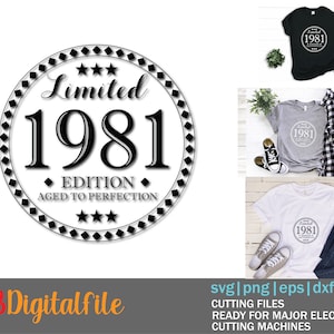 Pode incluir: Design gráfico preto e branco de um círculo com o texto "Limited 1981 Edition Aged to Perfection" dentro. O círculo é rodeado por um padrão de diamantes preto e branco.