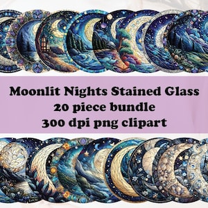 Moonlit Nights Stained Glass Circle Clipart, Transparent PNG Bundle, Junk journal art, Digital Download, Commercial and Personal Use