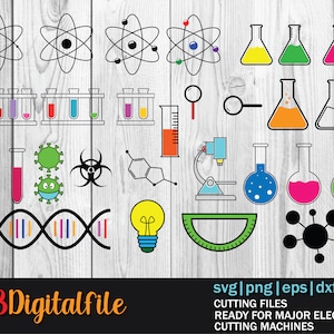 Paquete de iconos de ciencia / química - SVG, PNG, EPS - Uso comercial - Fondo transparente - 29 diseños únicos - Listo para cortar - Icono de ciencia