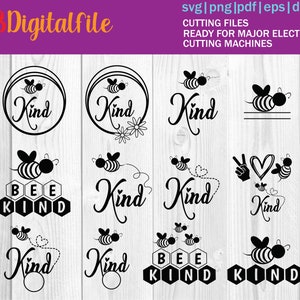 Puede incluir: Una colección de archivos de corte digital con temática de abejas en blanco y negro. Los diseños incluyen la palabra "Kind" con abejas y adornos florales, y "Bee Kind" en un patrón de panal. El texto "SB Digitalfile" está en la parte superior izquierda.