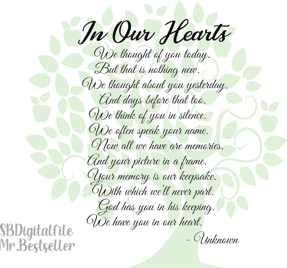 In Our Hearts Poem Bereavement Mourning Sympathy Grief Etsy