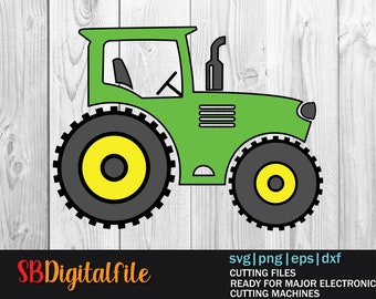 May include: A green tractor with black wheels and yellow centers. The tractor has a black exhaust pipe and a black driver's seat.