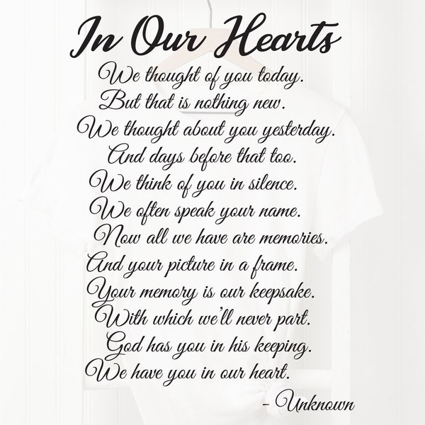 In Our Hearts Poem - Bereavement - Mourning - Sympathy - Grief - Funeral (Svg, Pdf, Png Digital File Vector Graphic)