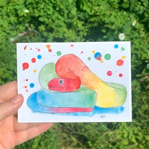 Impresión de acuarela de serpiente arco iris - serpiente tonta linda, arte de pared de papel A5, clowncore, Kidcore, orgullo, niños, nostalgia, escena, animales, serpiente mascota