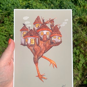 Baba Yaga House Watercolour Print - Slavic Folklore Paper Wall Art, Dark Academia, Cottagecore, Goblincore, Hobbitcore, Witch Aesthetic