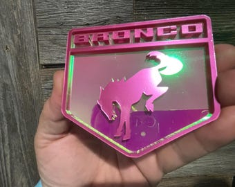 Pink Metallic/Iridescent Pink Bucking Br0nc0 Badge: Acrylic Emblem