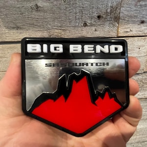 NEW &quot;BIG BEND&quot; Red on black, White Letters, Silver Sasquatch Engraving, Acrylic Badges