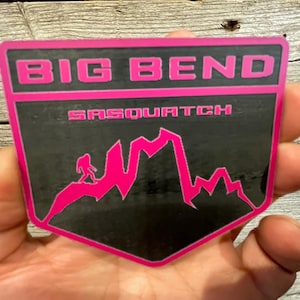 NEW &quot;BIG BEND Sasquatch&quot; Hot Pink on Black Full Engrave, Fender Badges, Acrylic Badges
