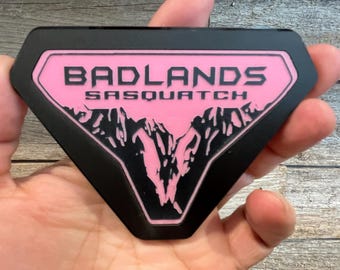 BADLANDS-SASQUATCH Pink On Black Acrylic Fender Badge - Reverse Engraved Emblem