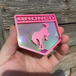 Limited run! &quot;Bucking Br0nc0&quot; Pink Metallic On Pink Iridescent, Acrylic Badges , Fender Badges, New body style Emblems