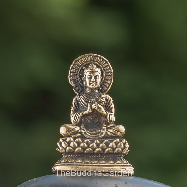 Dhamma Chakra Buddha Statue in Brass, Indian Style, Mini Size, 1.25 Inches Tall