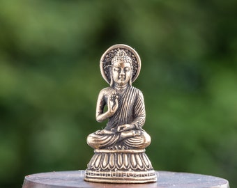 Protection Buddha Figurine with Lotus Blossom Halo: 1 and 1/8th Inches Tall Brass Abhaya Buddha Statuette in Gold Color