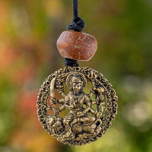 Durga Pendant, Round Brass Durga Necklace Pendant with Cord, Durga the Hindu Goddess of Courage and Energy Necklace