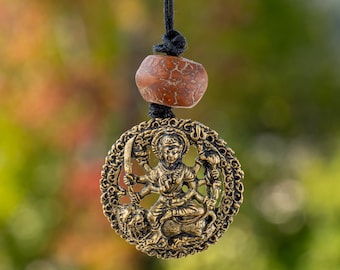 Durga Pendant, Round Brass Durga Necklace Pendant with Cord, Durga the Hindu Goddess of Courage and Energy Necklace