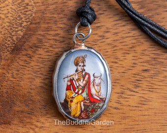 Krishna Pendant: Hindu God Krishna Necklace Pendant with Cord Necklace