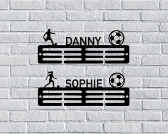 Personalised Football Medal Hanger, Medal Holder, Wall Display Rack, Any Name, Male / Female Design