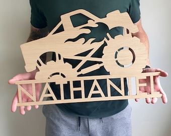 Personalised Monster Truck Room Sign, Custom Wooden Name Sign, Truck Room Decor, Wooden Kids Bedroom Sign