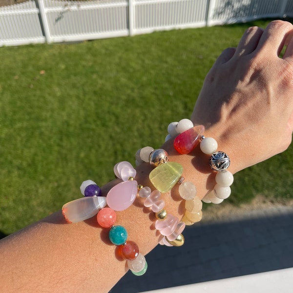 Colorful Chunky Natural Stone Stretch Bracelets, Quartz Drop Bracelet, Each Bracelet is One of a Kind