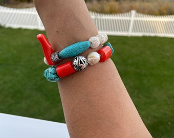 Natural Stone Turquoise and Coral Bead Boho Bracelets, Pearl, Silver Filigree, Each Bracelet is One of Kind, Summer Jewelry