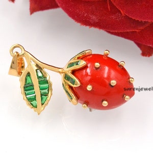 Gemstone Strawberry Pendant, 14k Gold Gemstone Strawberry Pendant, Red Strawberry Pendant, Gemstone Berry Charm, Silver Strawberry Jewelry