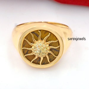 Anillo de sol con piedra preciosa de oro macizo de 14 k, anillo de sol con piedra preciosa, anillo de sol de oro, anillo de sol de oro macizo de 14 k, anillo de sol delicado, anillo de sol de malaquita