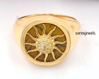 Anillo de oro de 14 quilates con gemas Sunburst: malaquita y zafiro amarillo