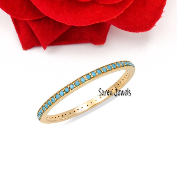 14k Gold Turquoise Wedding Band, 14K Gold Turquoise Band Ring, Solid Gold Full Eternity Turquoise Ring, Micro Pave Set Turquoise Band Ring