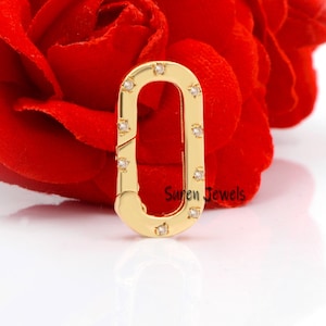 14k Solid gold diamond enhancer, pave diamond push lock, connector diamond link charm holder, double side oval charms holder lock jewelry