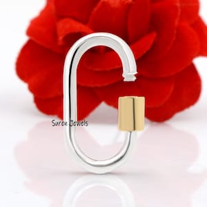 925 Sterling Silver Carabiner Lock, Yellow Gold Plated Screw & Silver Wire Lock, Plain Silver Carabiner Lock, Woman Jewelry Connector Lock