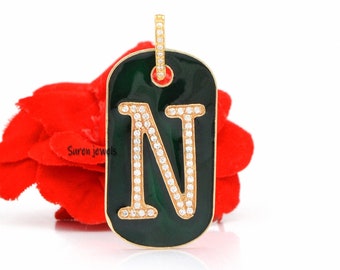 Diamond Enamel Letter Pendant: Silver Dog Tag Monogram