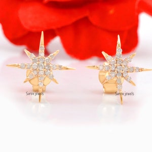 14k Gold Diamond Starburst Studs: Pave Star Earrings