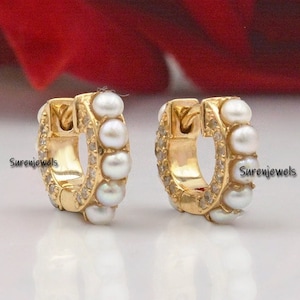 14k Gold Pearl Diamond Huggie Earrings: Dainty Gold Hoops