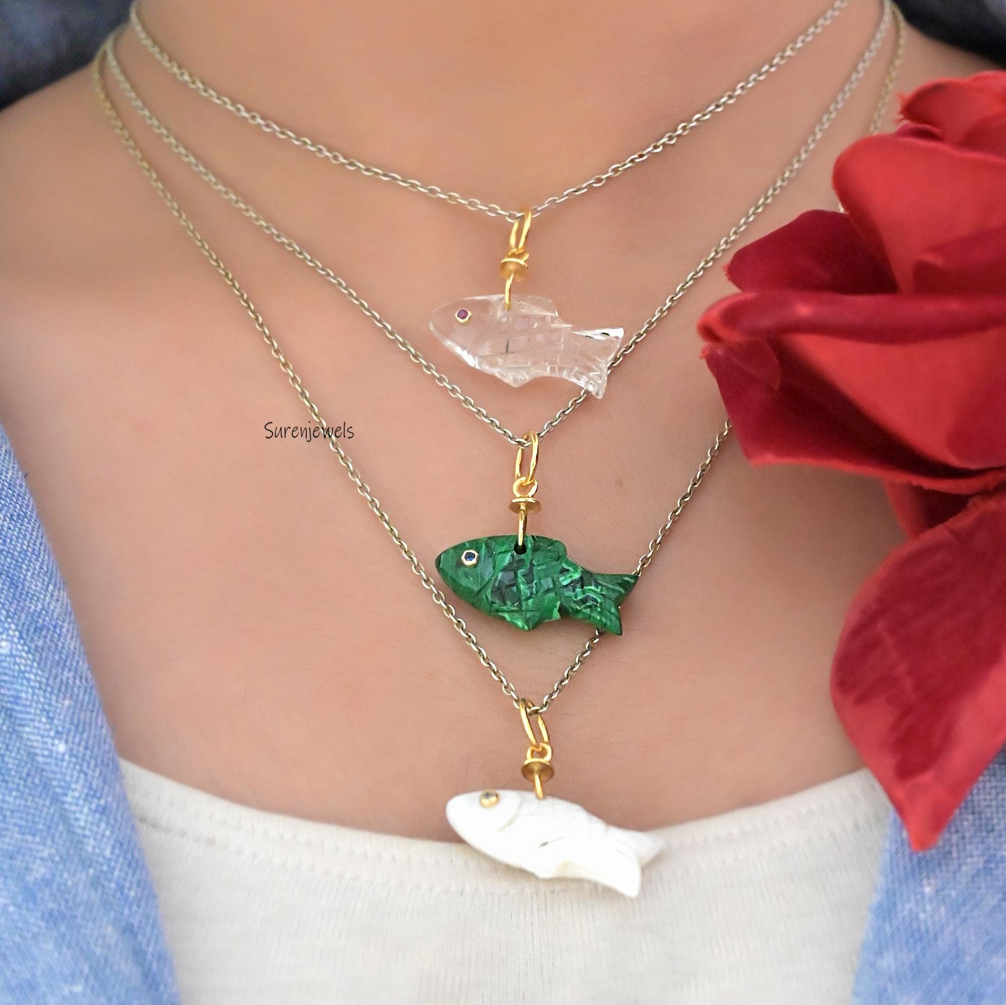 14K Gold Carved Gemstone Fish Pendant: Lucky Charm - Suren Jewels | SKU: SJP4590