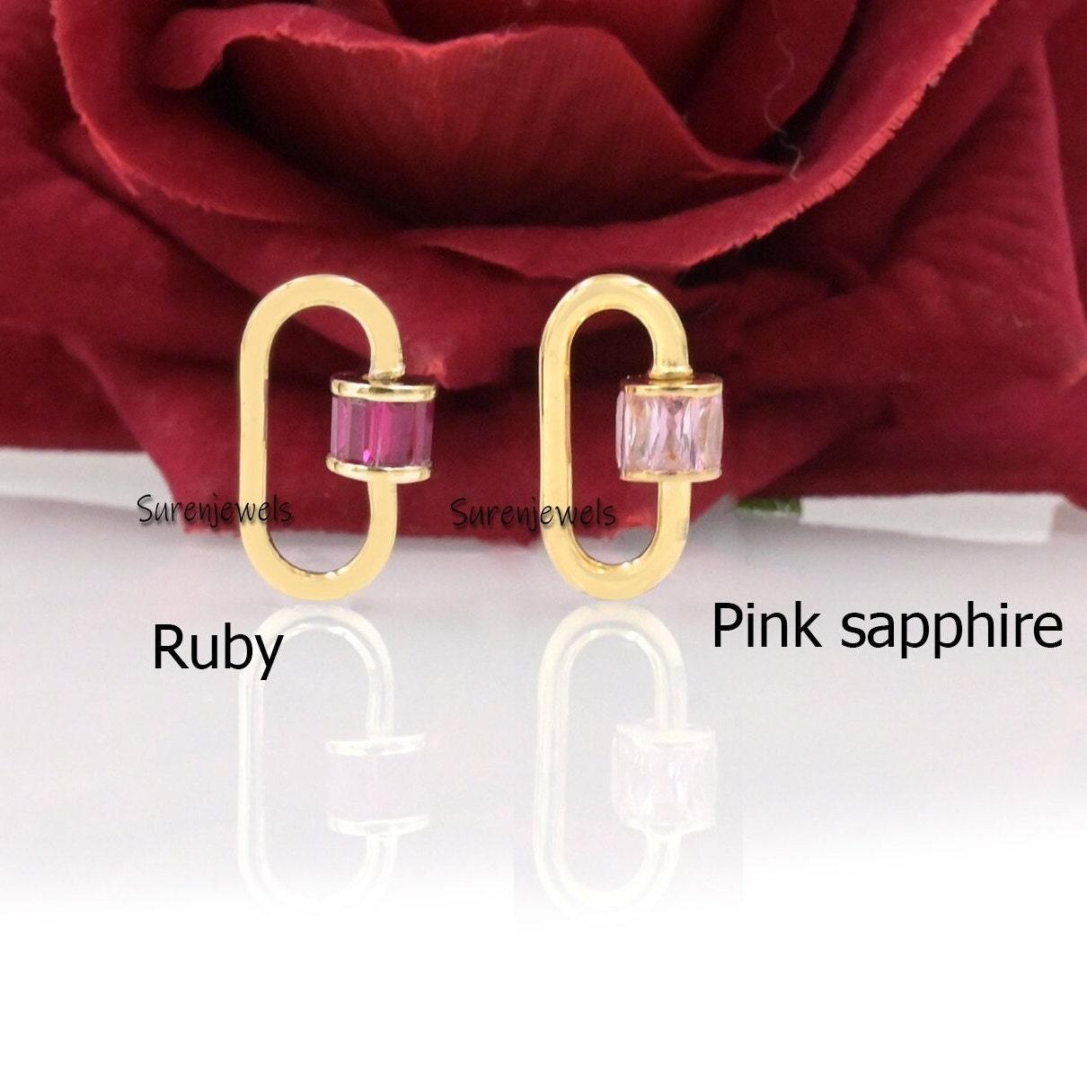 14K Yellow Gold Carabiner Lock: Vintage Emerald Baguette Screw - View 3 - Suren Jewels | SKU: SJC22-14KYGBTTAQ-N47-18I-14K