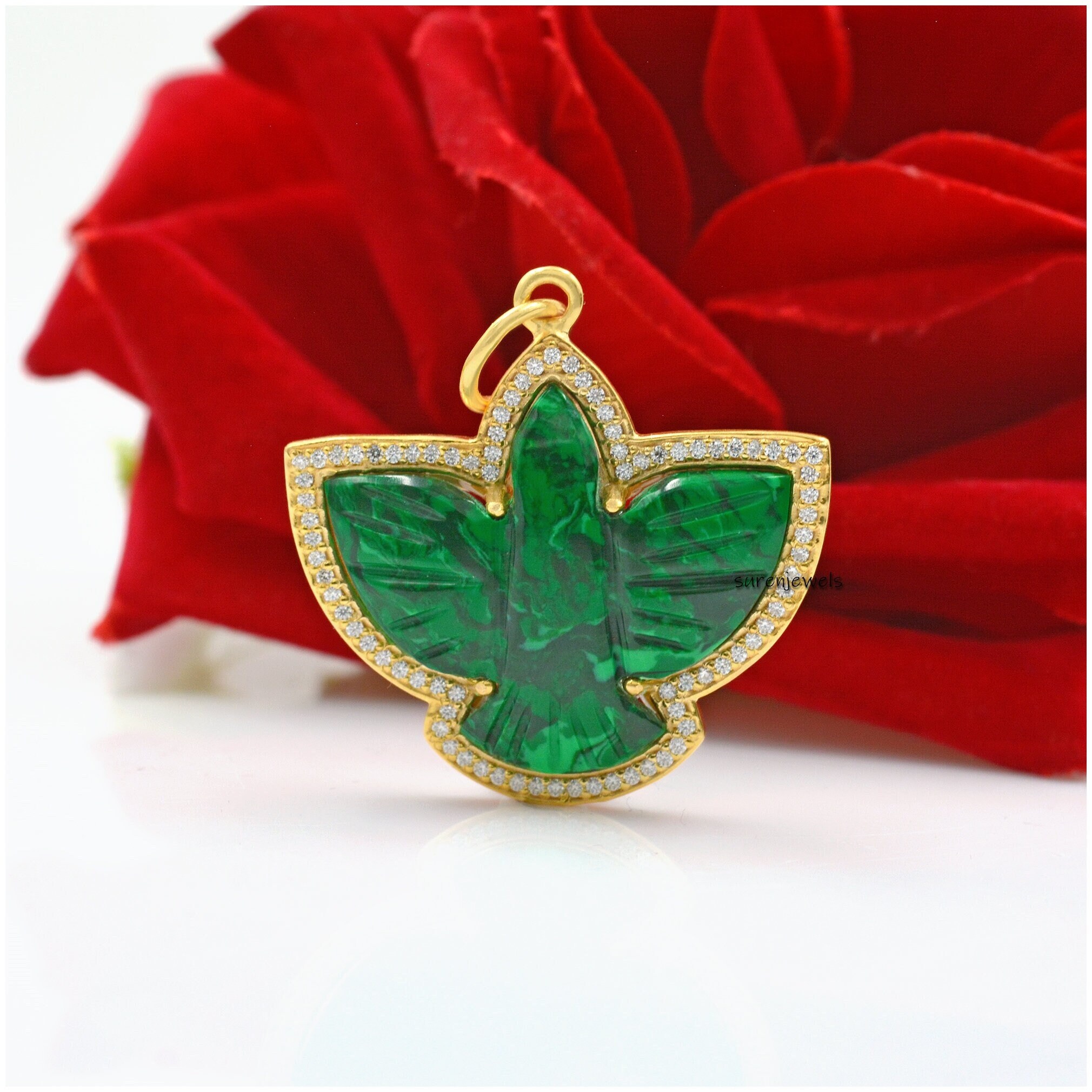 Carved Gemstone Bird Pendant: Designer Flying Swallow Charm - View 3 - Suren Jewels | SKU: SJP1314-SLYGMKMN