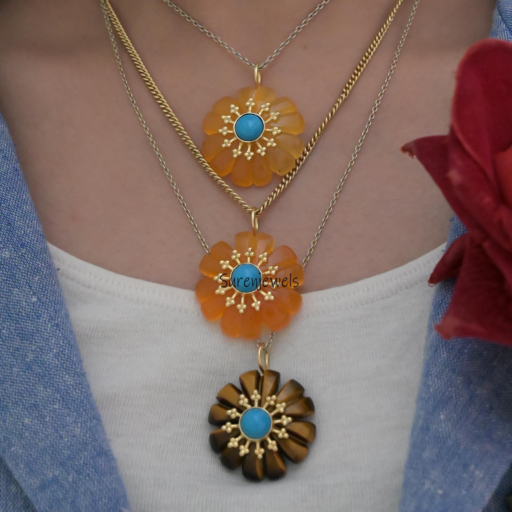 Hand Carved Gemstone Flower Pendant: 925 Silver - View 2 - Suren Jewels | SKU: SJP3519-SLYGOCNTQ-25M