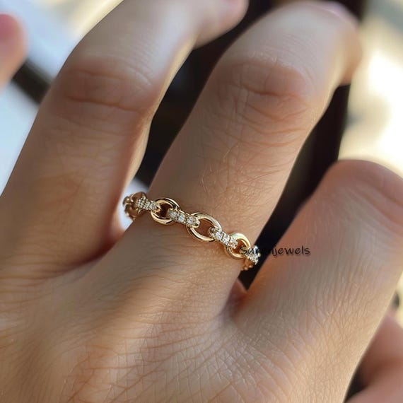 Bague à maillons en or 14 carats et diamants, or massif France