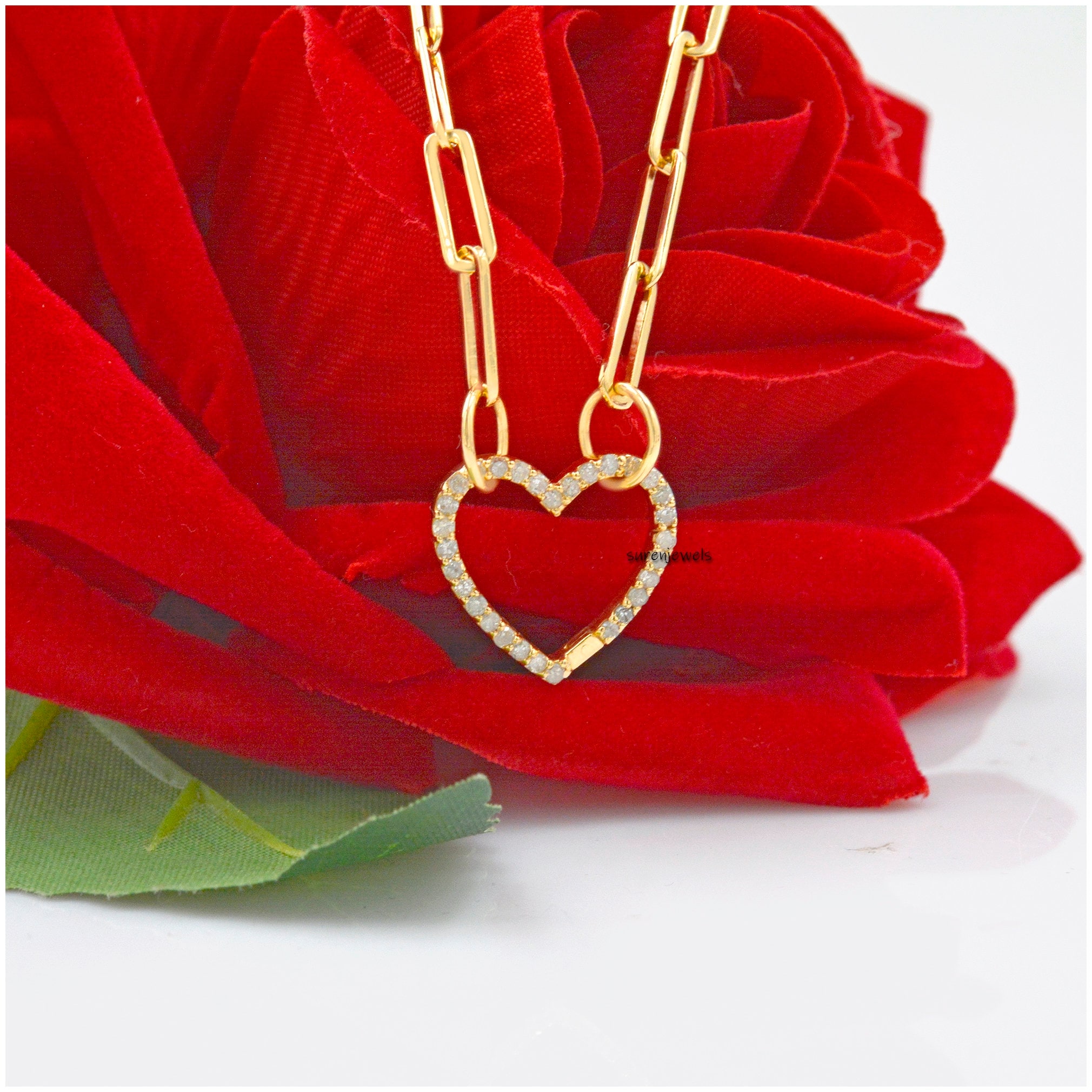 Diamond Heart 14K Gold Charm Enhancer: Thick Link Pendant (15mm) - View 3 - Suren Jewels | SKU: SJP536-14KYGDI-N47-18I