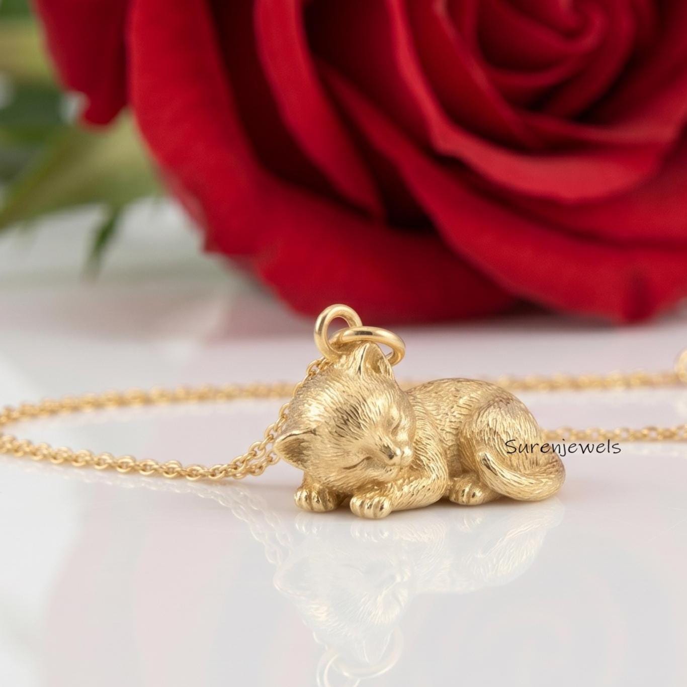 14K Gold Sleeping Cat Pendant, Solid Gold Kitten Pendant, 14k Gold Little Cat Pendant, Gold Textured Sitting Cat Pendant, Cut