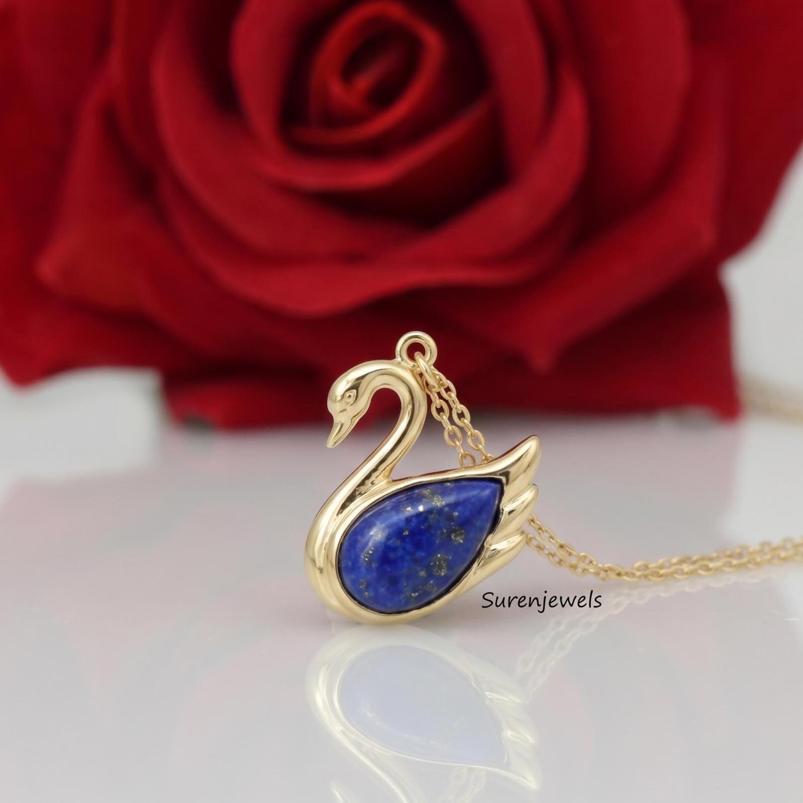 Lapis Lazuli Swan Pendant, Gold Swan Pendant, Dainty Blue Gemstone Jewelry, Minimalist Bird Necklace, Elegant Animal Charm Gi