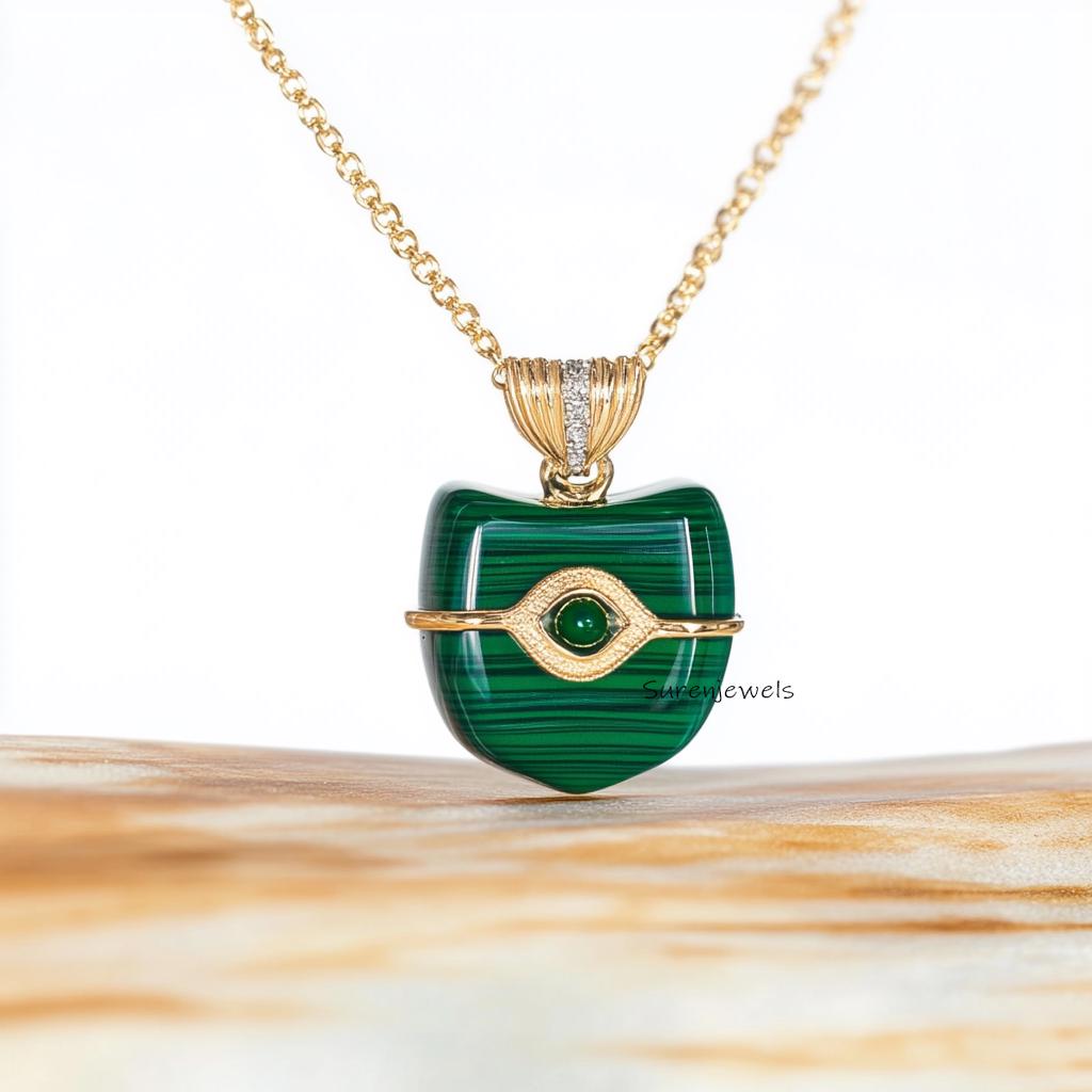 925 Silver Gemstone Shield Pendant: Lapis, Turquoise, Malachite (30mm) - View 3 - Suren Jewels | SKU: SJP3536-SLYGLPZCZ-30M
