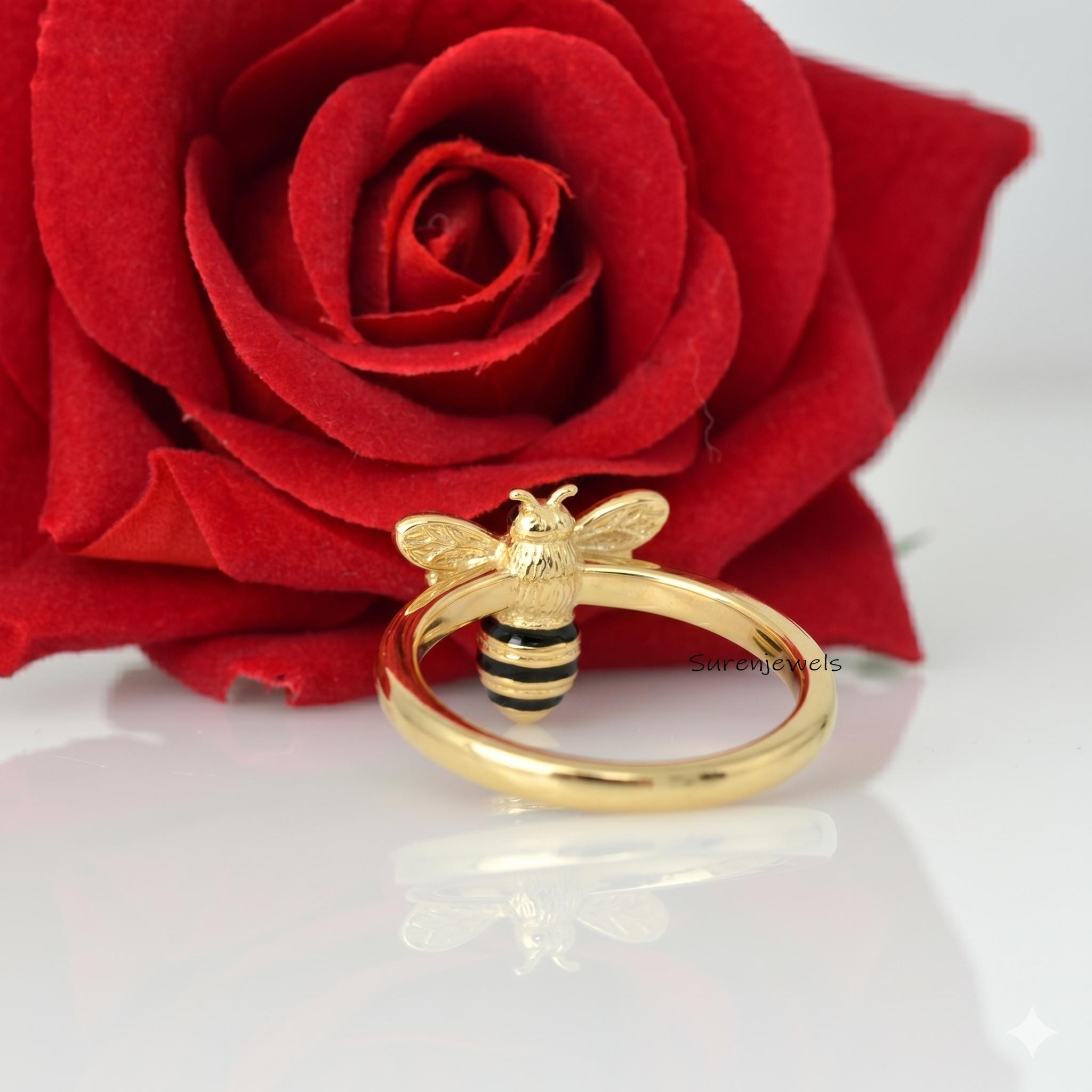 14K Gold Honey Bee Ring, Bumble Bee Stacking Ring, Diamond Honey Bee Ring, Dainty Honey Bee Ring, Delicate Unique Honey Bee R