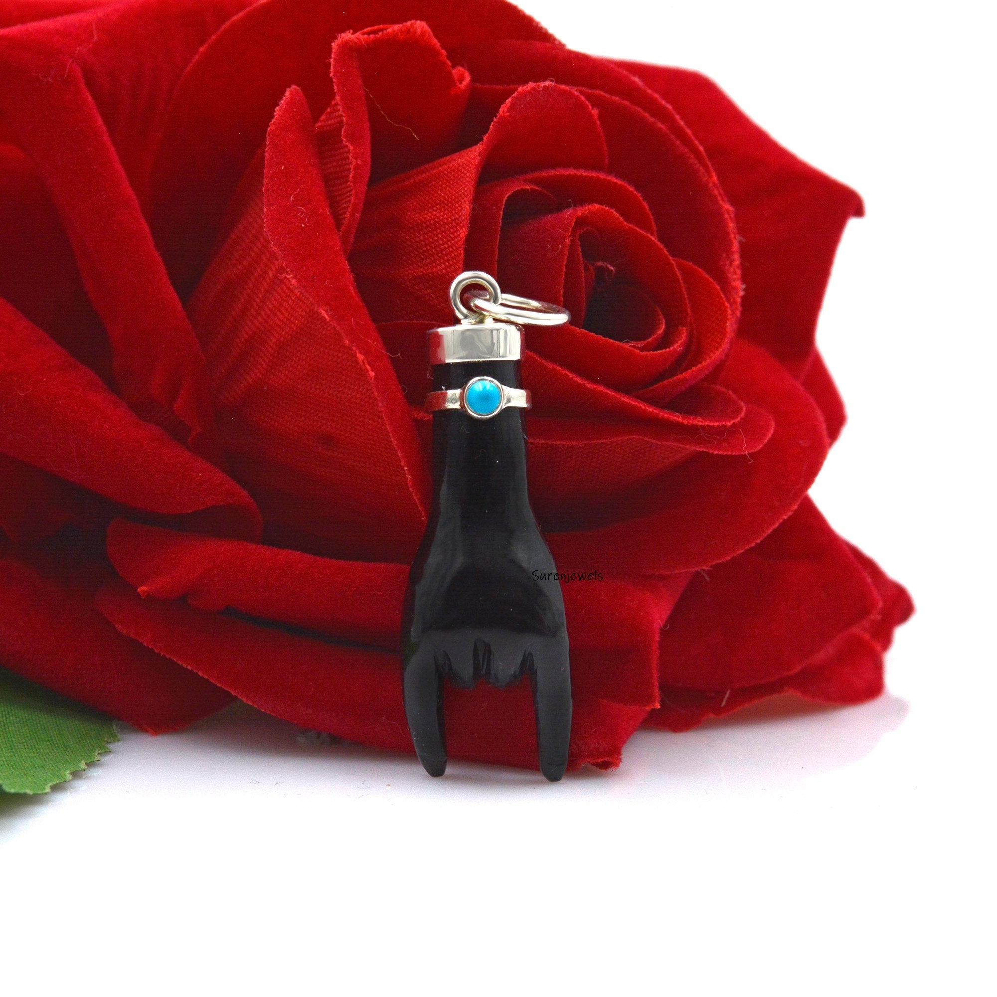 Sterling Silver Figa Hand Pendant: Coral & Turquoise Gemstone Charm - View 4 - Suren Jewels | SKU: SJP1049-SLNSMSTQ
