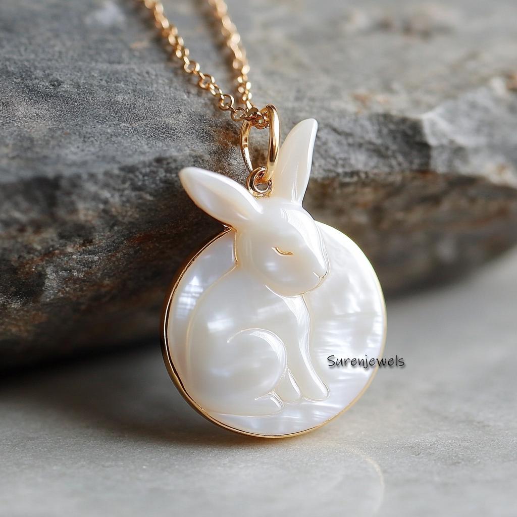 14K Gold Gemstone Carved Rabbit Pendant (30mm) - View 5 - Suren Jewels | SKU: SJP4429-SLWGOP-30M,SJP4334-SLYGMOP-25M,SJP4428-