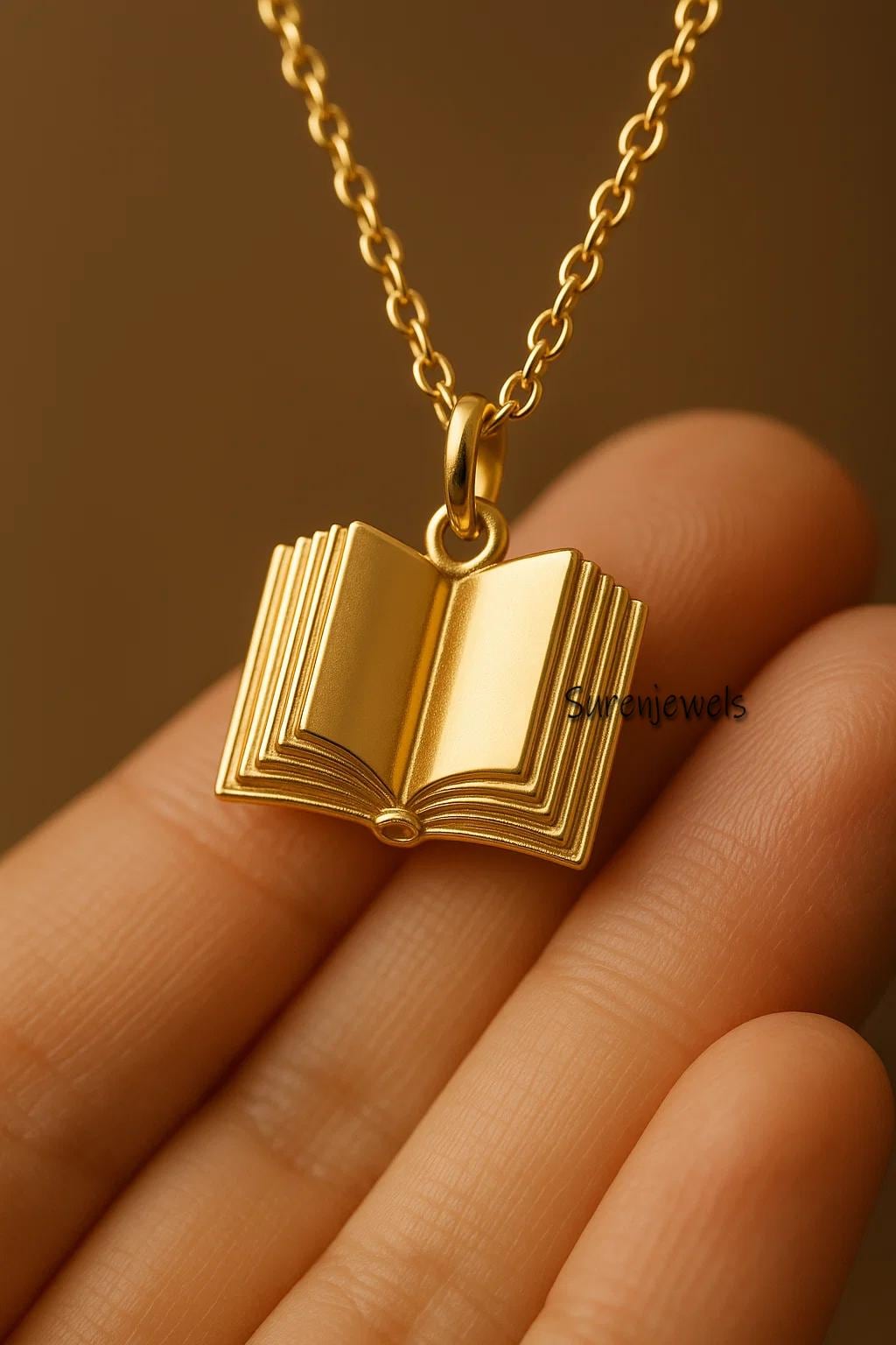 14k Yellow Gold Book Pendant: Minimalist Book Lover Jewelry - Suren Jewels | SKU: SJP5028-SLYG-20M