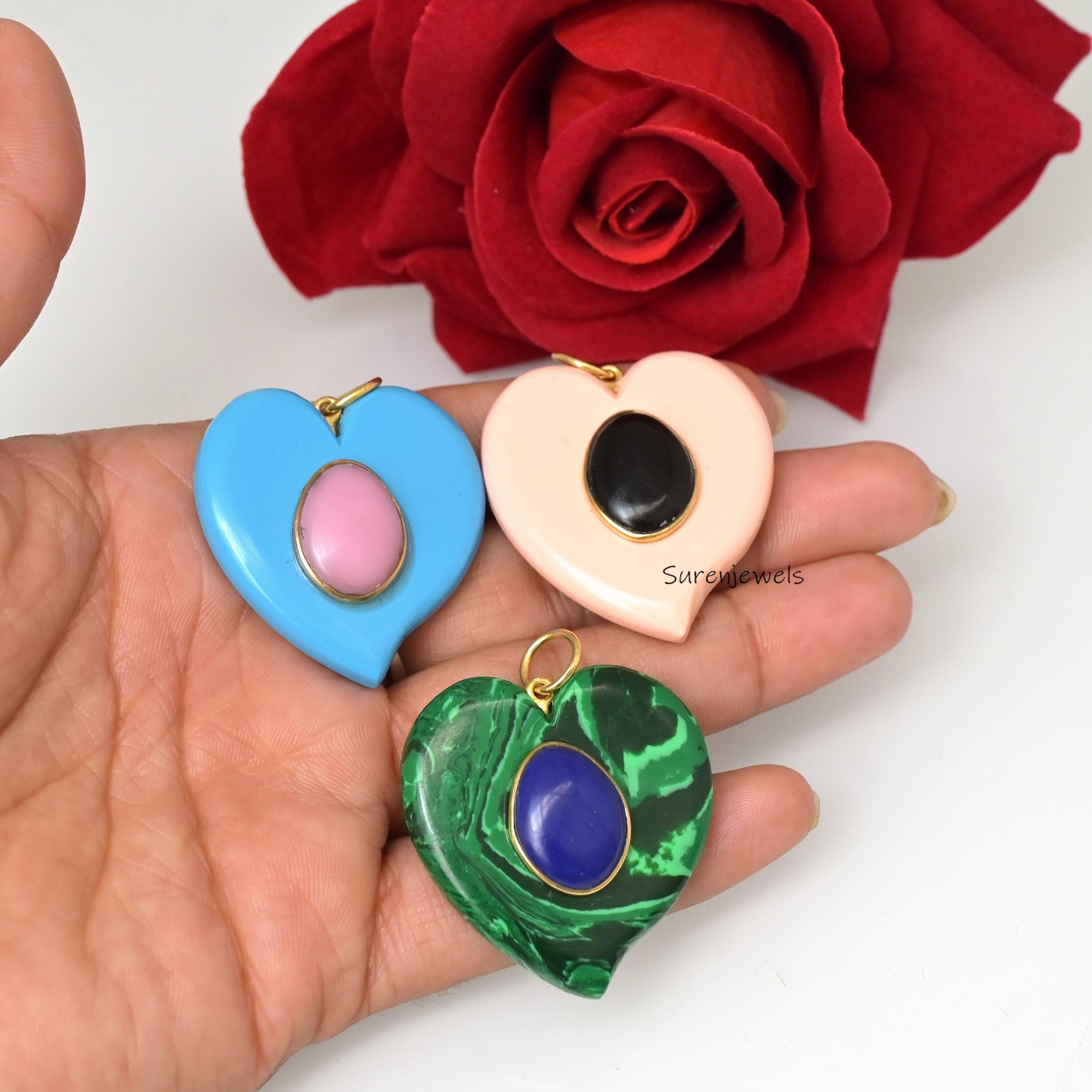 14K Gold Gemstone Heart Pendant, Double Gemstone Heart Charm, Designer Heart Pendant, Handmade Malachite Heart Charm, Carved