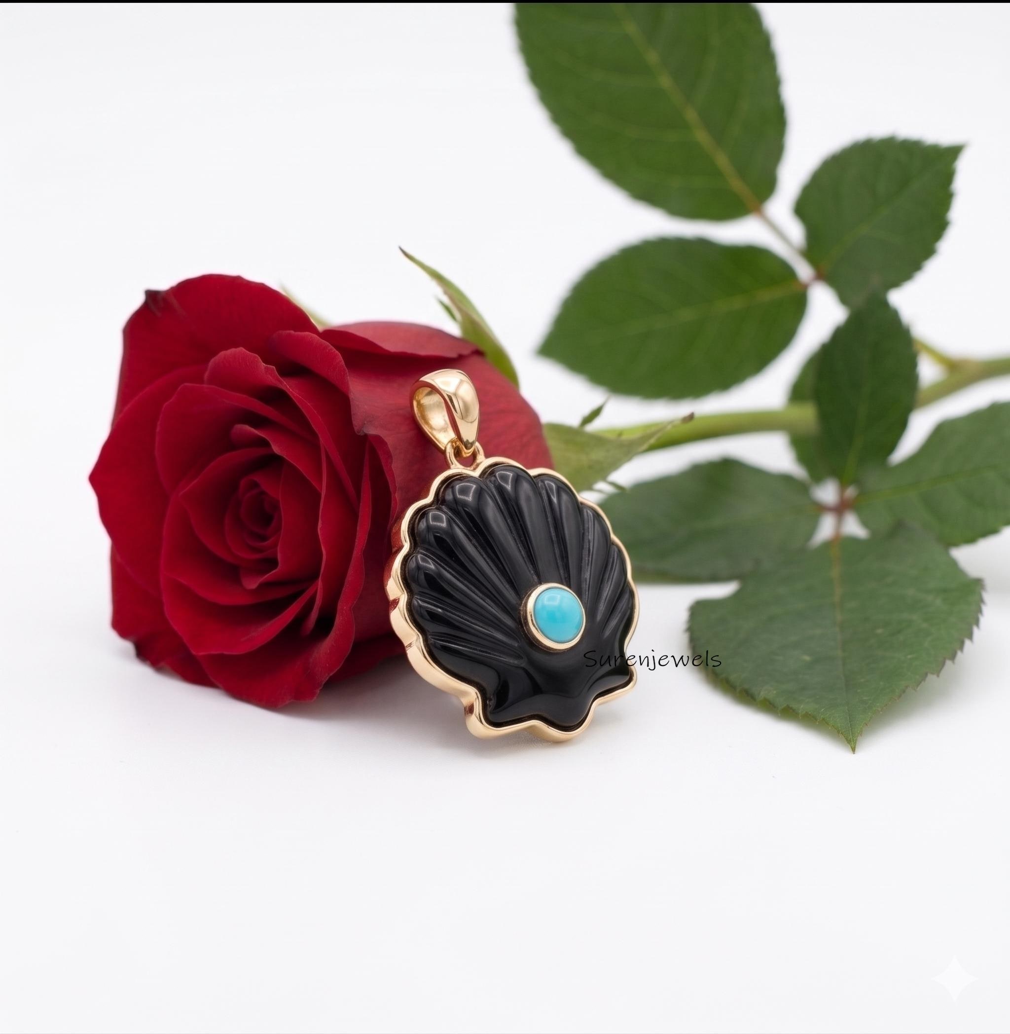 14K Gold All Gemstone Shell Pendant, Carved Shell Pendant, Designer Shell Charm, Carving Gold Shell Pendant, Trendy Handmade