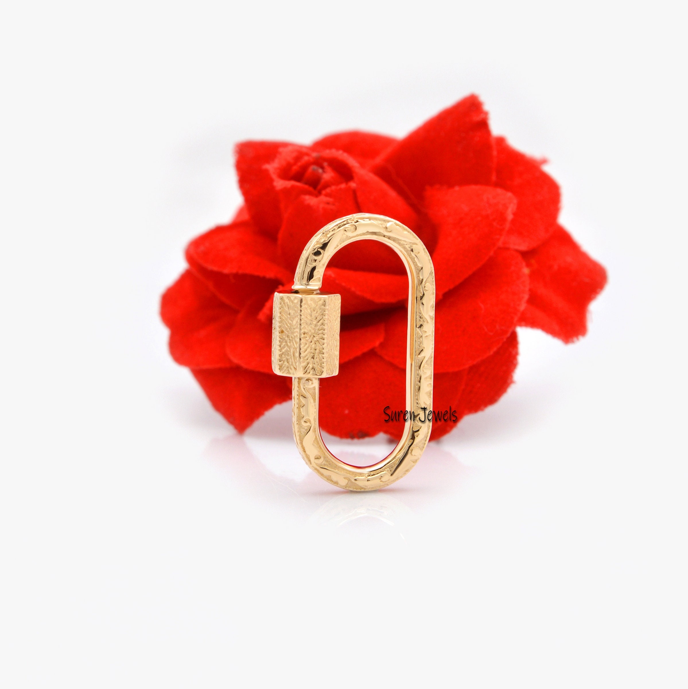 Engraved 925 Silver Carabiner Lock: Designer Charm Pendant - View 2 - Suren Jewels | SKU: SJC108-SLYG-25M